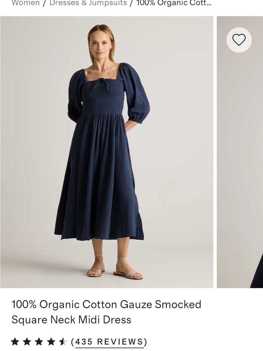Quince Navy Smocked Square Neck Midi Dress